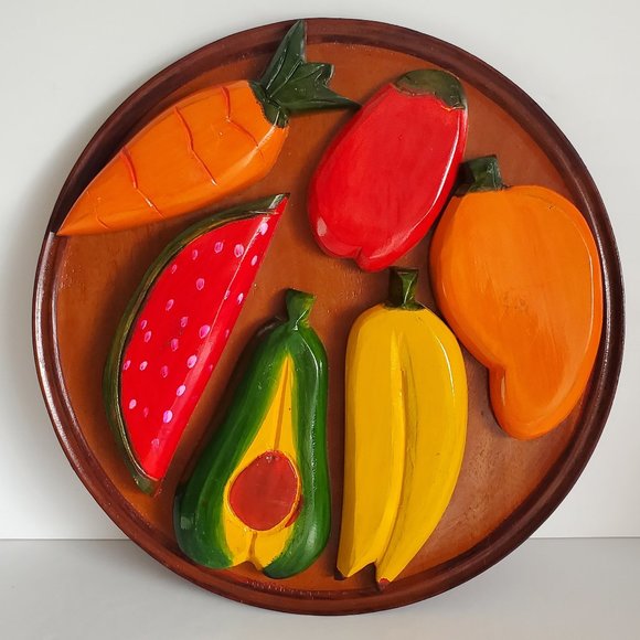 MCM Hand Carved Wood Wall Plaque Fruit & Veggies Plate Haitian Art Colourful - Picture 1 of 9